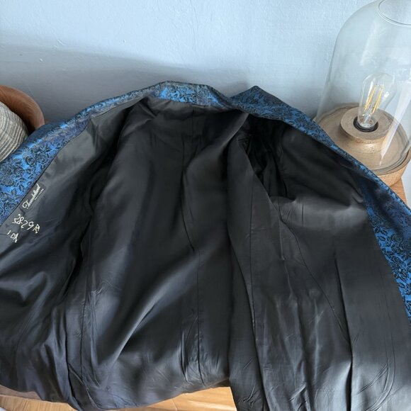 Vintage 60’s Blue Black Floral Jacquard Tuxedo Blazer Jacket 40” Chest - Picture 3 of 5